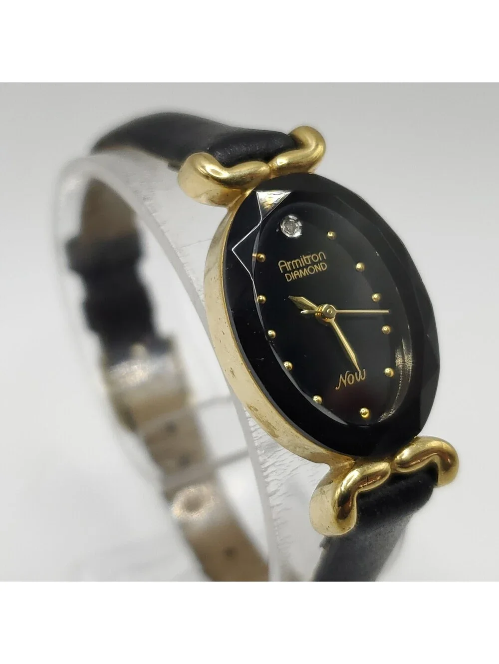 Armitron Diamond Now Black Dial Oval Gold Tone Case Watch New Battery 18mm